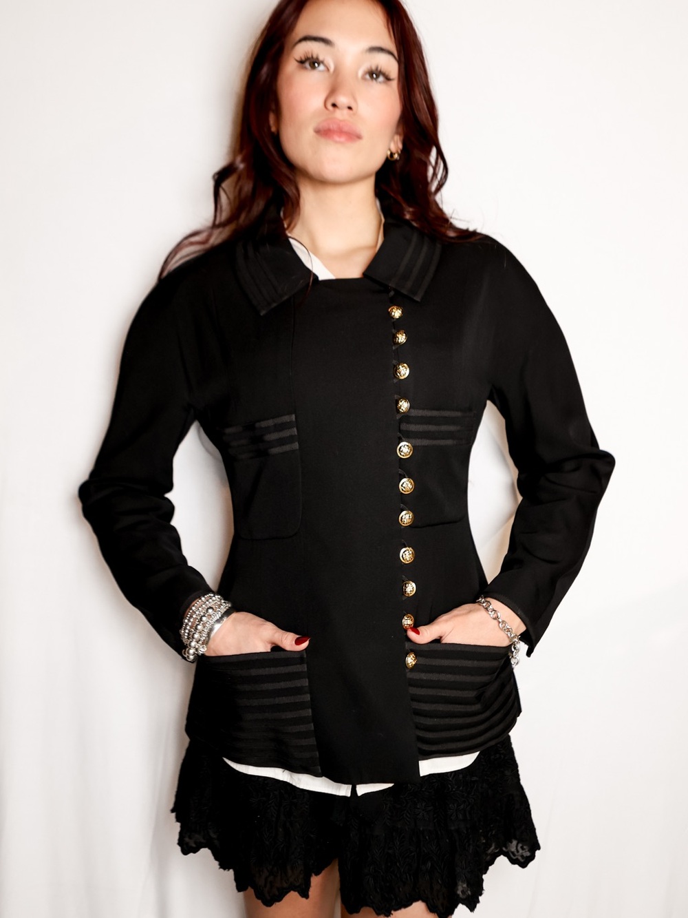 Authentic Vintage 90s CHANEL Boutique Black Wool Grosgrain Stripe Blazer Jacket